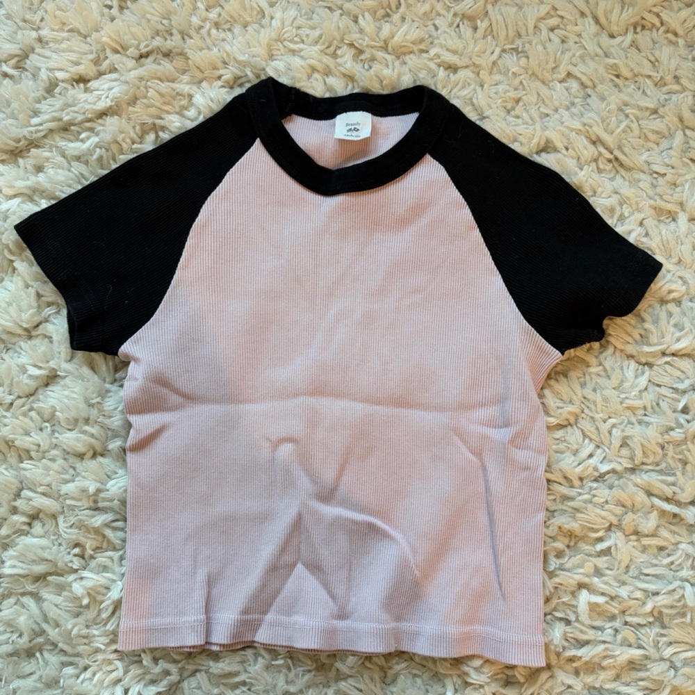 Brandy Melville Pink and Black Ribbed Short Sleeve Tee